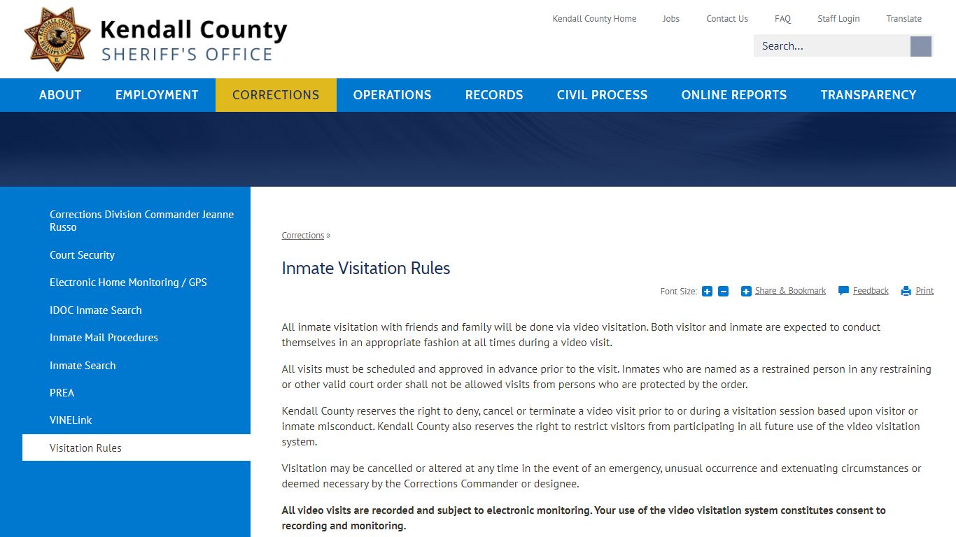 Inmate Visitation Rules | Kendall County, IL