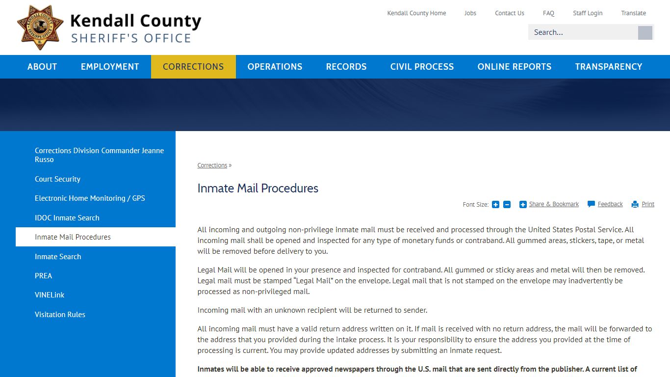 Inmate Mail Procedures | Kendall County, IL